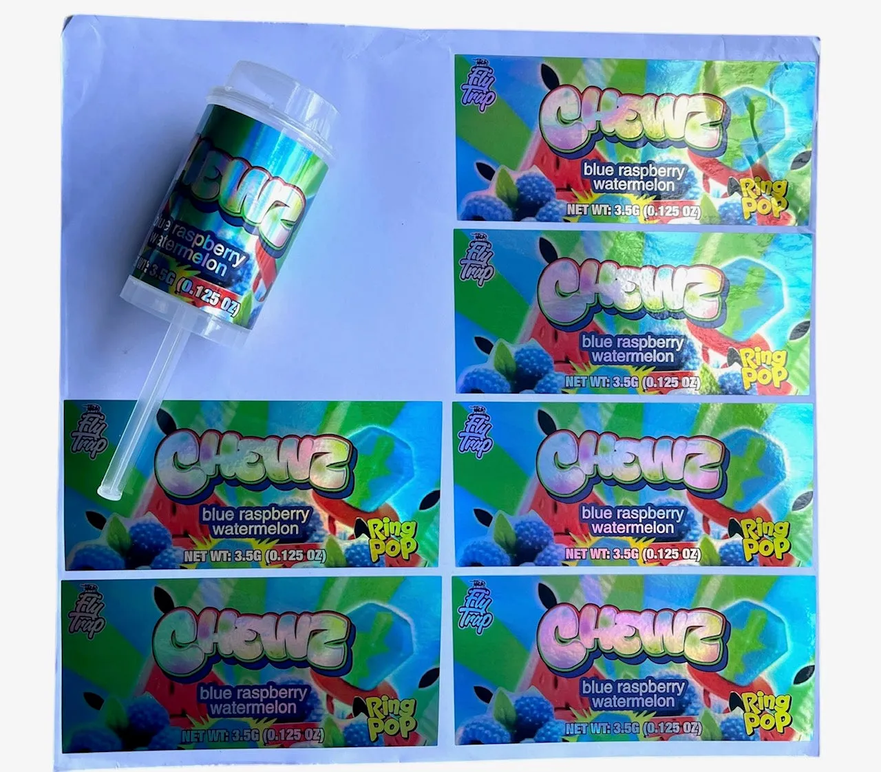 Popsicle Ring Pop Chewz Blue Raspberry Watermelon 3.5 grams Container Holographic Sticker