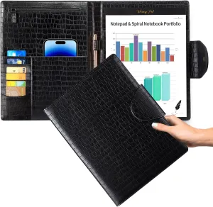 Portfolio Folder Padfolio with Gold Button - Crocodile Leather Portfolio with Tablet Sleeve, Phone Pocket & 5 Business Card Holder, Conference File Folder Organizer Padfolio for Women/Men