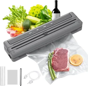 Powerful Vacuum Sealer, Seal in 10-20 Seconds, Dry, Moist, fruit (gentle) Modes,with External Vacuum System,With 300CM Bag Roll 5 Vacuum Bags, One-Touch Automatic, Built-in Cutter (Grey).