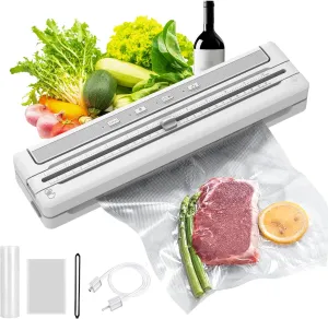 Powerful Vacuum Sealer, Seal in 10-20 Seconds, Dry, Moist, fruit (gentle) Modes,with External Vacuum System,With 300CM Bag Roll 5 Vacuum Bags, One-Touch Automatic, Built-in Cutter (white)