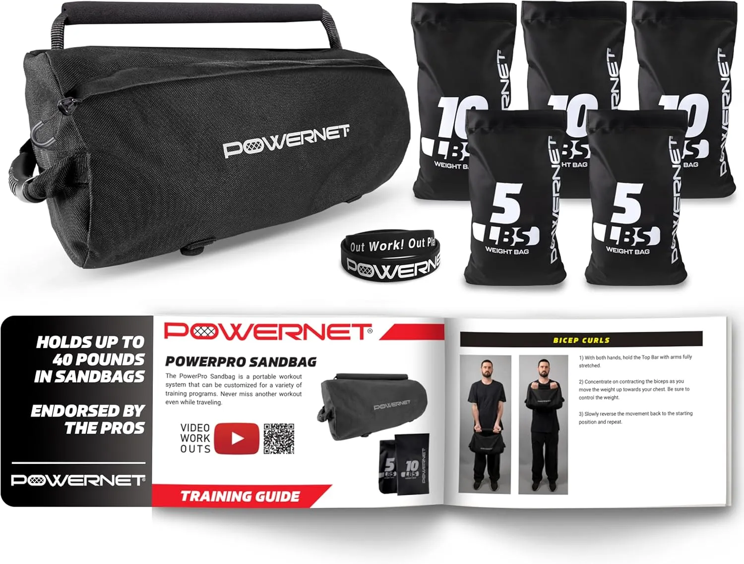 PowerNet PowerPro Sandbag, Holds Up to 40 Pounds in Sandbags, Heavy-Duty Workout Equipment for Strength Training and Fitness, Home Gym Exercise Equipment, Workout Guide Included