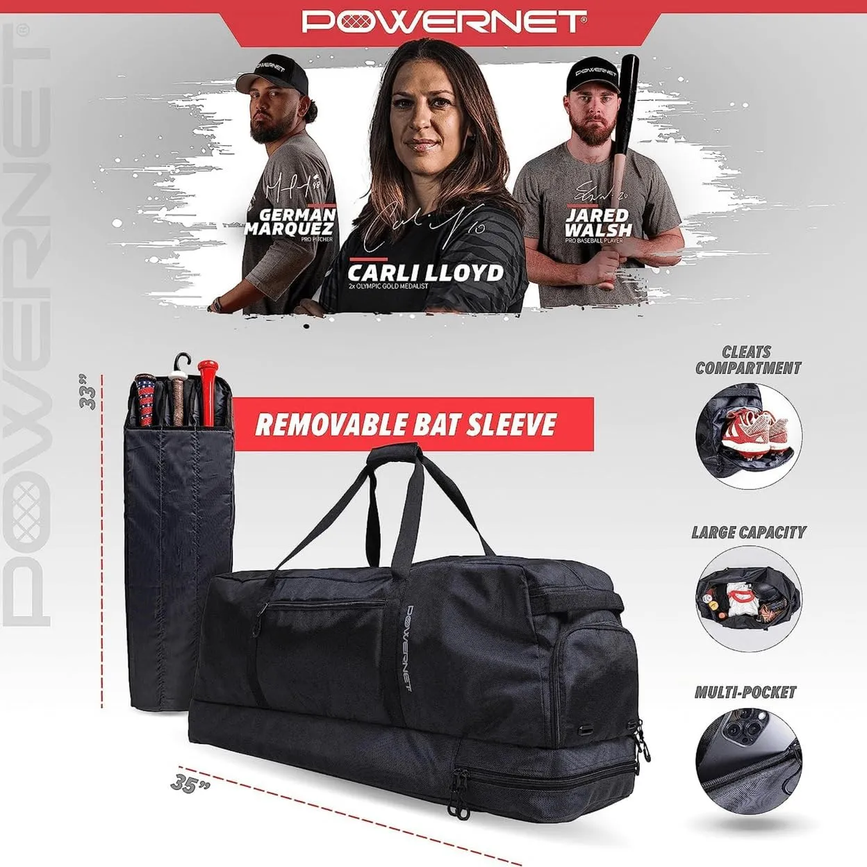PowerNet Pro Duffle Bag, Softball Baseball Bag, Baseball Gear Bag, Baseball Bat Bag with Internal Bat Sleeves, Baseball Bags with Padded Strap & Pockets