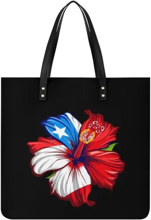 PR State Culture Roots Amapola Boricua Flag Hibiscus Tote Bag for Women PU Leather Purses Handbags Shoulder Bag for Top Handle