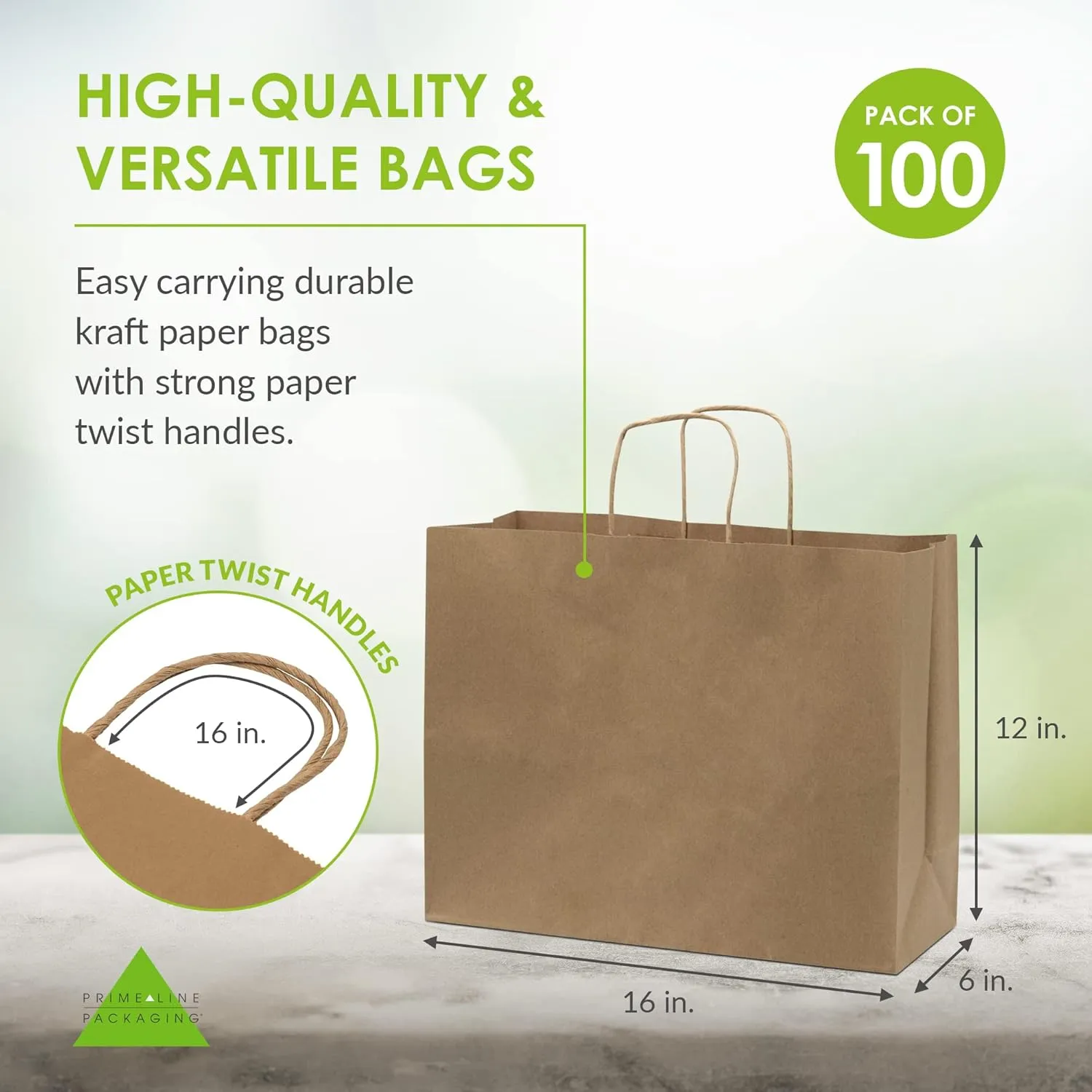 Prime Line Packaging Large Brown Paper Bags with Handles for Small Business, Retail, Boutique Shopping, Grocery, To Go Kraft, Bulk - 16x6x12, 100 Pack