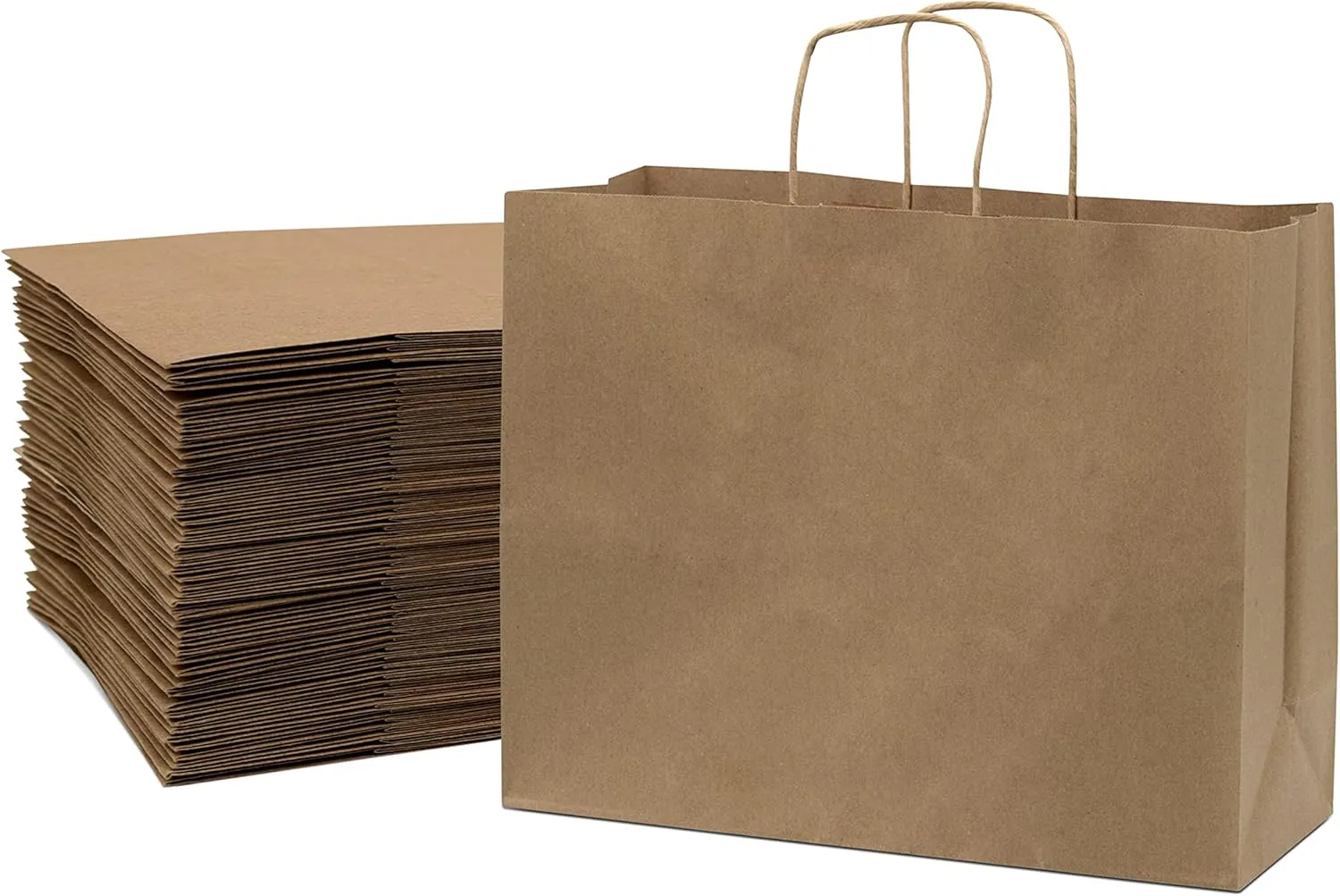 Prime Line Packaging Large Brown Paper Bags with Handles for Small Business, Retail, Boutique Shopping, Grocery, To Go Kraft, Bulk - 16x6x12, 100 Pack