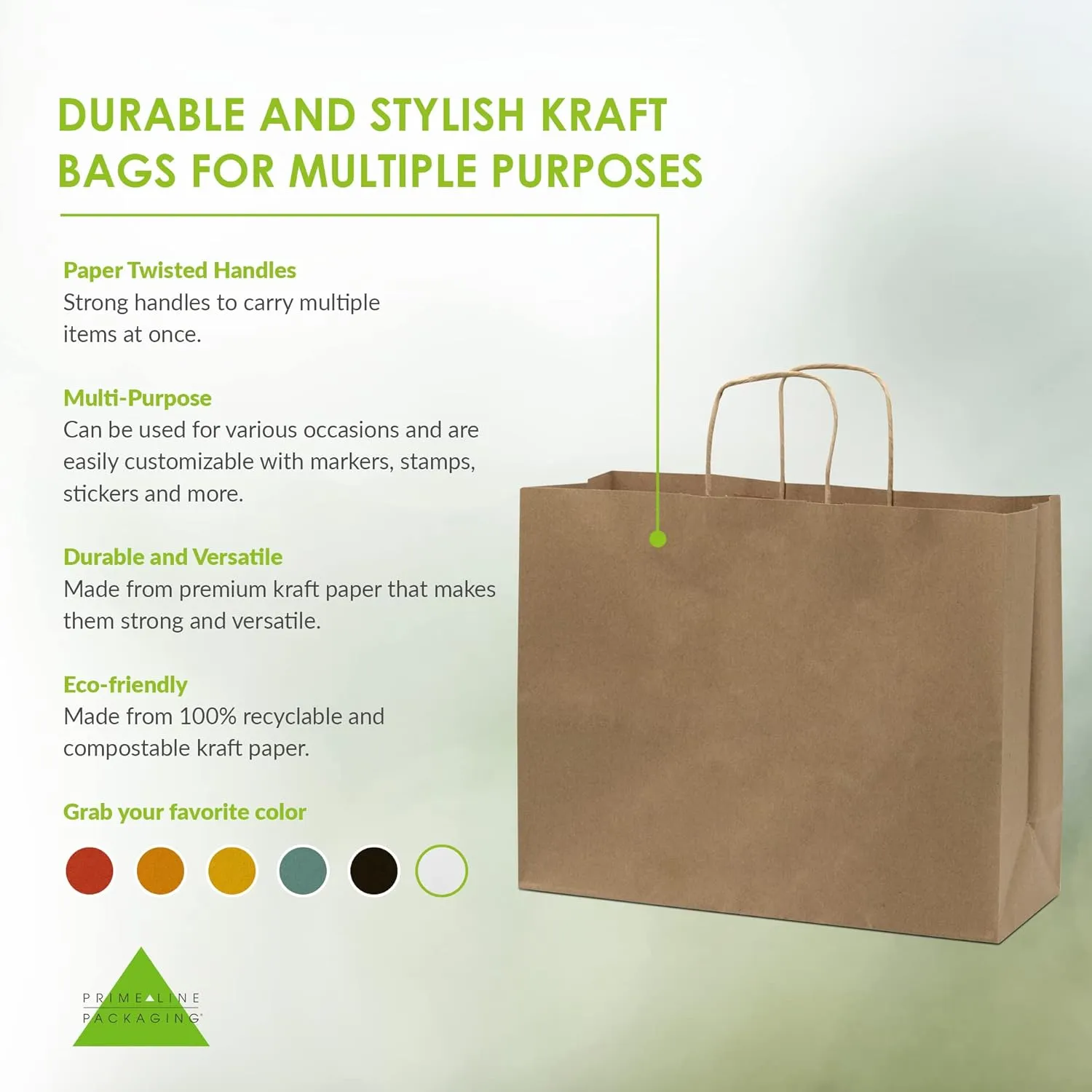 Prime Line Packaging Large Brown Paper Bags with Handles for Small Business, Retail, Boutique Shopping, Grocery, To Go Kraft, Bulk - 16x6x12, 100 Pack