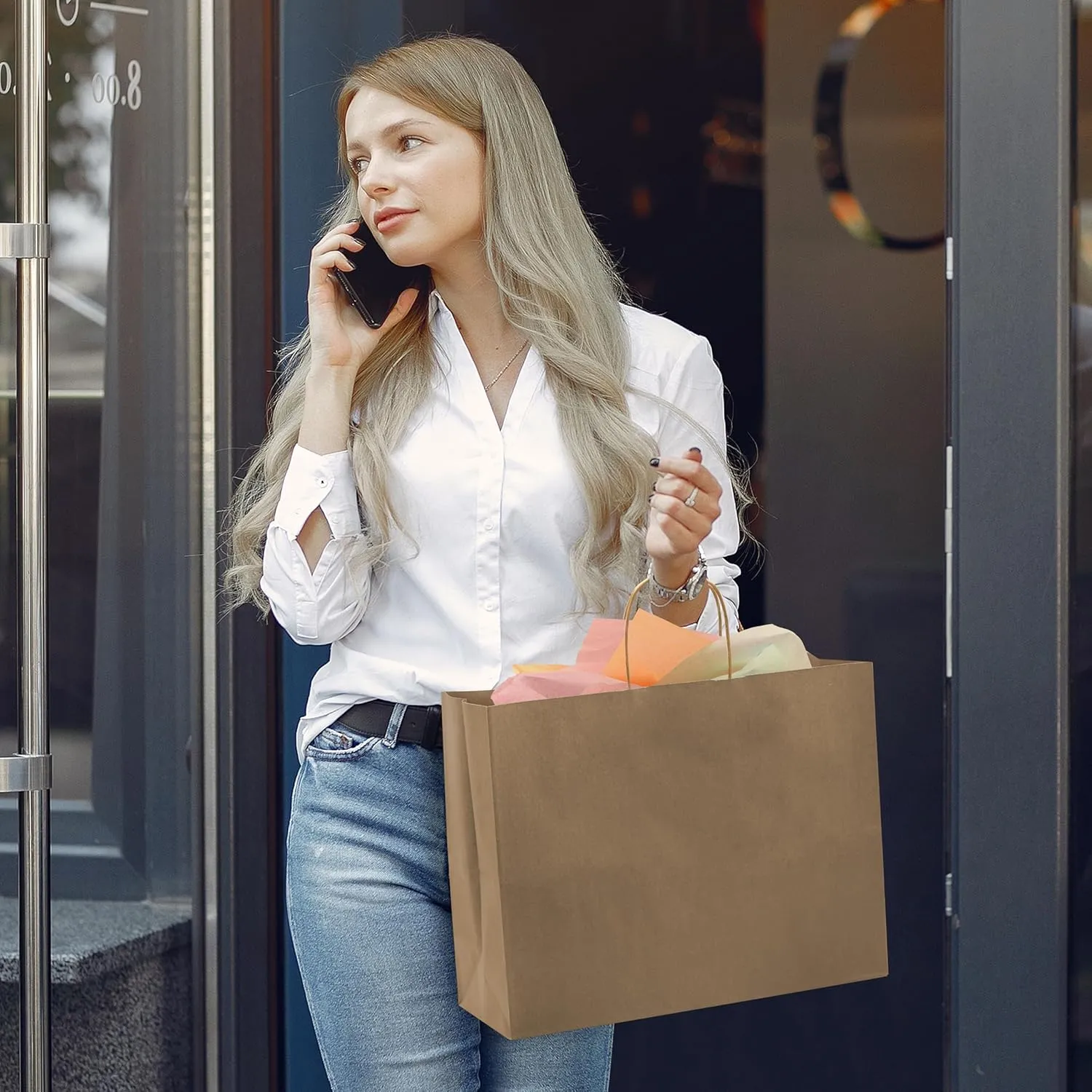 Prime Line Packaging Large Brown Paper Bags with Handles for Small Business, Retail, Boutique Shopping, Grocery, To Go Kraft, Bulk - 16x6x12, 100 Pack
