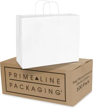 Prime Line Packaging Large White Shopping Gift Bags with Handles, Craft Paper for Small Business, Boutique, Retail, Parties, Bulk, 16x6x12 100 Pack