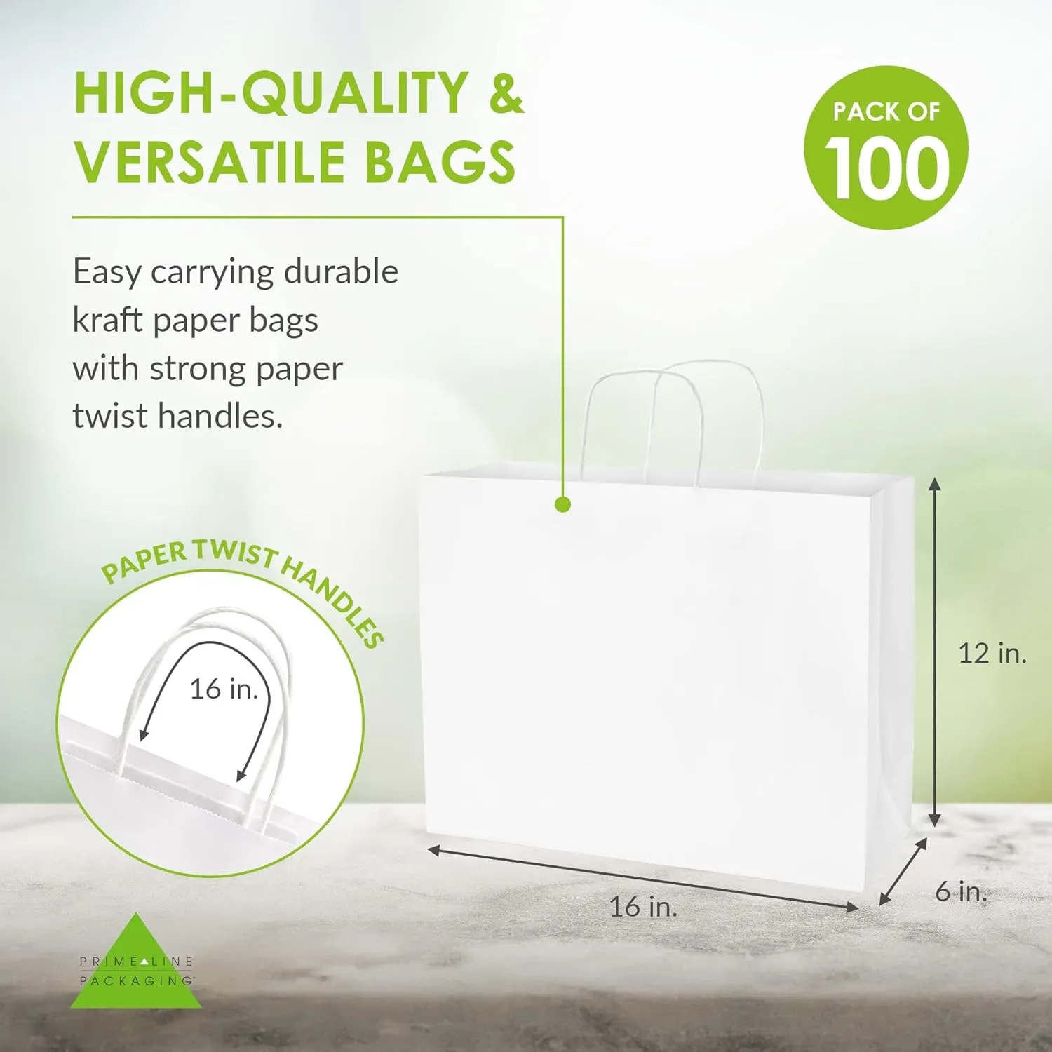 Prime Line Packaging Large White Shopping Gift Bags with Handles, Craft Paper for Small Business, Boutique, Retail, Parties, Bulk, 16x6x12 100 Pack