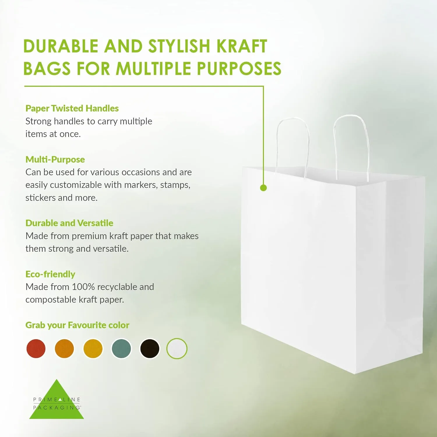 Prime Line Packaging Large White Shopping Gift Bags with Handles, Craft Paper for Small Business, Boutique, Retail, Parties, Bulk, 16x6x12 100 Pack