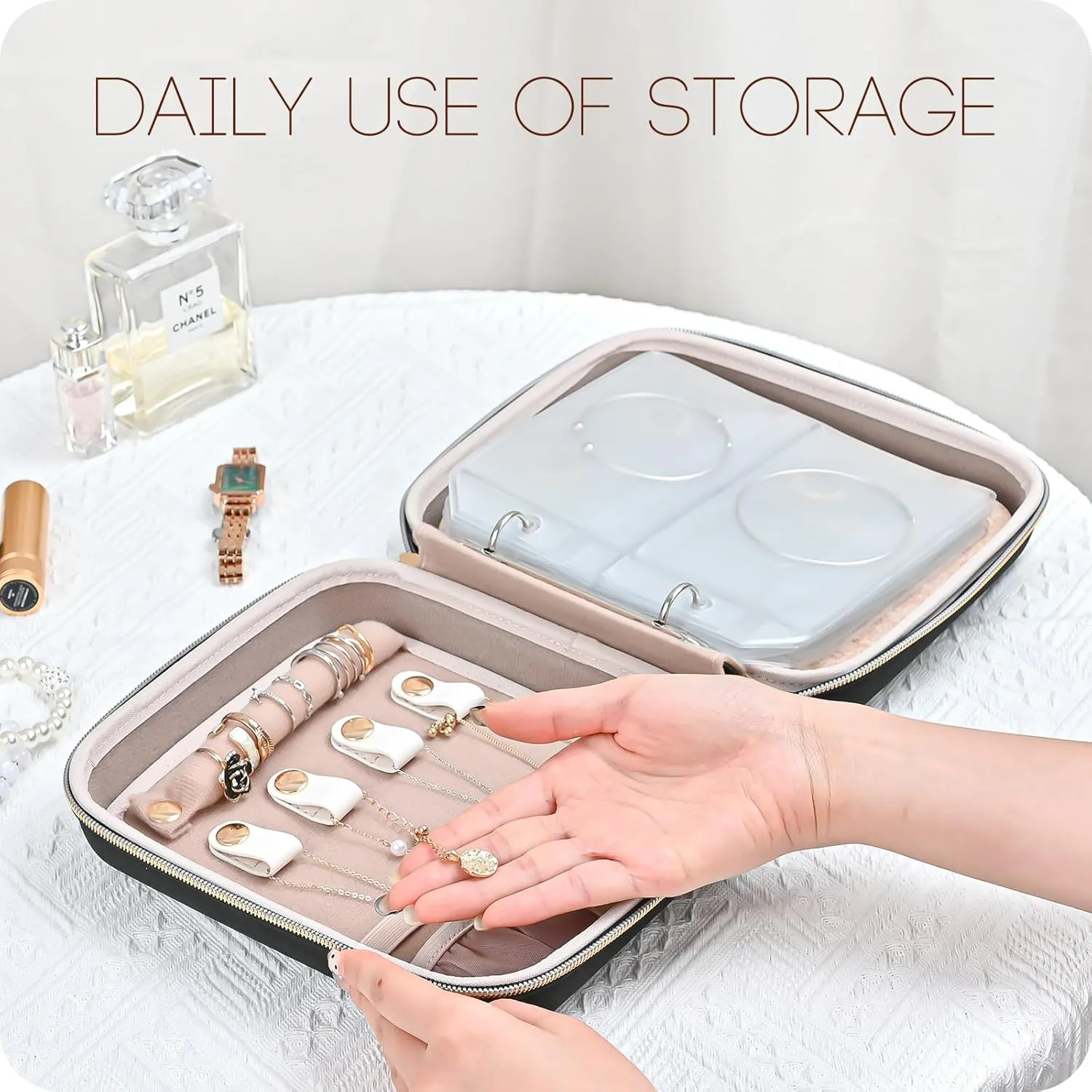 ProCase Medium Travel Jewelry Organizer Case, Jewellery Home Storage Book Ring Binder with Clear Pockets for Presentation, Zippered Pouch Bag for Earrings Necklaces Bracelets -Black