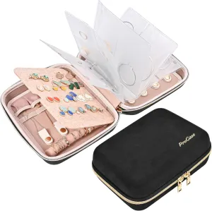 ProCase Medium Travel Jewelry Organizer Case, Jewellery Home Storage Book Ring Binder with Clear Pockets for Presentation, Zippered Pouch Bag for Earrings Necklaces Bracelets -Black