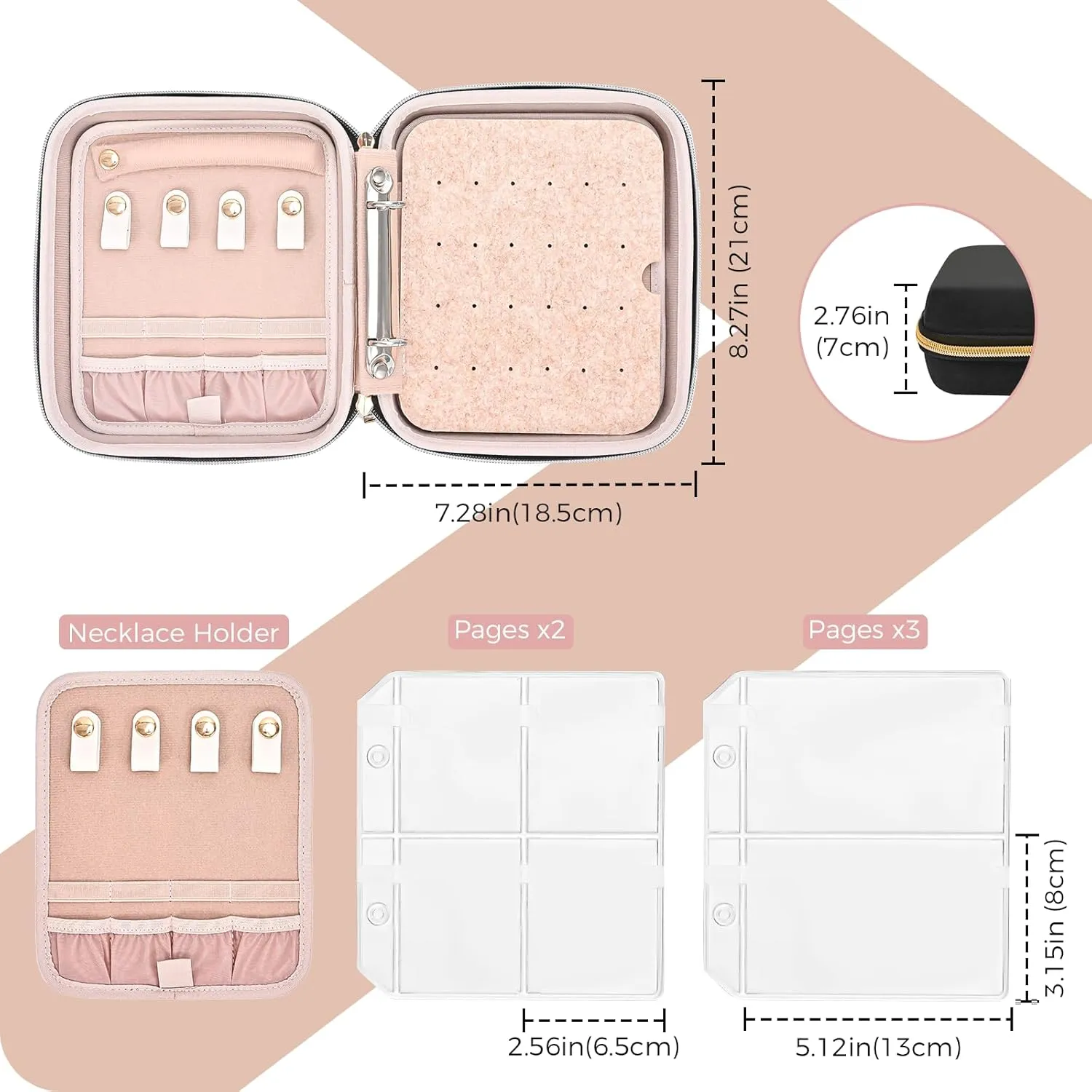 ProCase Medium Travel Jewelry Organizer Case, Jewellery Home Storage Book Ring Binder with Clear Pockets for Presentation, Zippered Pouch Bag for Earrings Necklaces Bracelets -Black