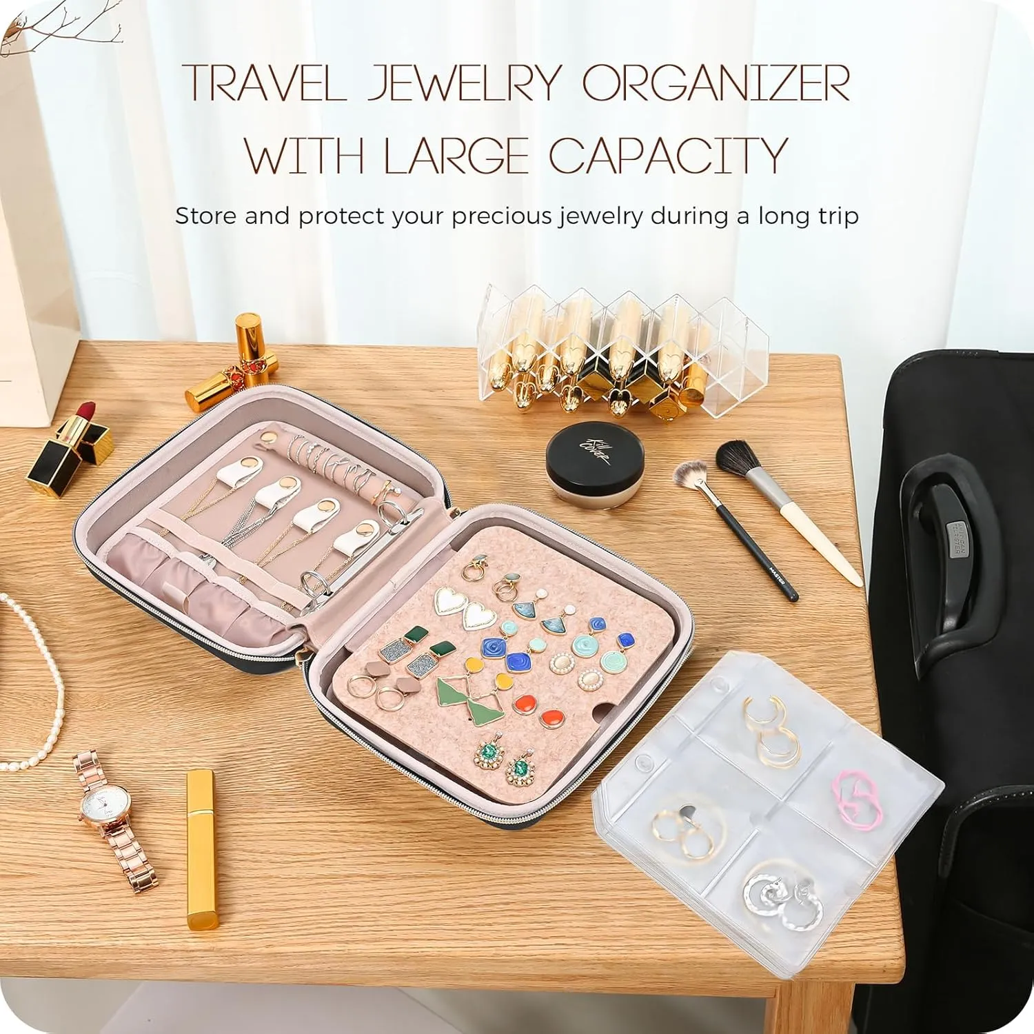 ProCase Medium Travel Jewelry Organizer Case, Jewellery Home Storage Book Ring Binder with Clear Pockets for Presentation, Zippered Pouch Bag for Earrings Necklaces Bracelets -Black