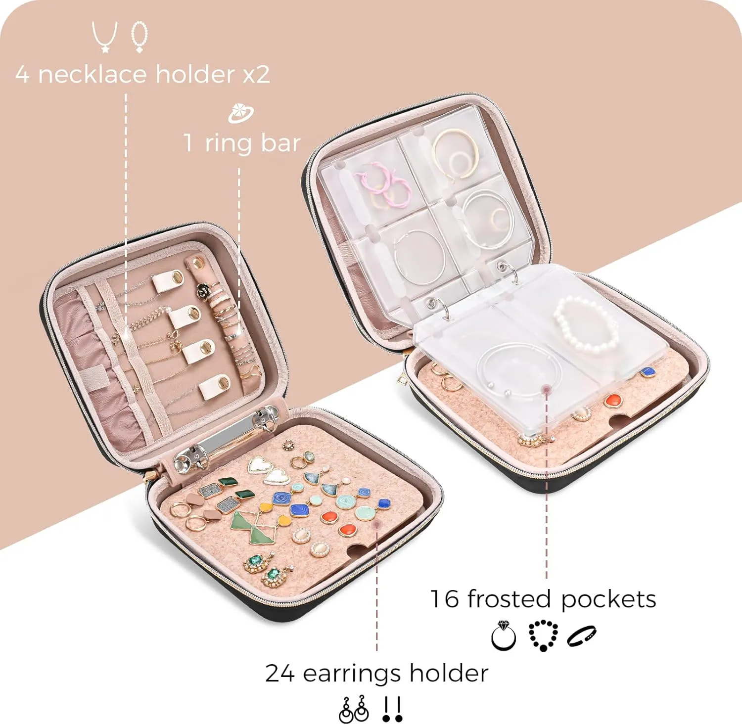 ProCase Medium Travel Jewelry Organizer Case, Jewellery Home Storage Book Ring Binder with Clear Pockets for Presentation, Zippered Pouch Bag for Earrings Necklaces Bracelets -Black