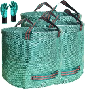 Professional 3-Pack 106 Gallons Lawn Garden Bags (D31, H31 inches) Reusable Yard Leaf Waste Bags with Coated Gardening Gloves - Storage Bag,Patio Bag,Laundry Container,Trash Can with 4 Handles