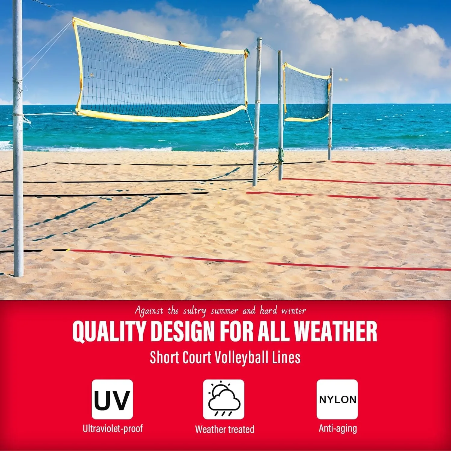 Professional Beach Volleyball Lines for Sand-2 Inch, Highly Visible, All-Weather, with Stainless Anchors & Sand Bags - Official Court 30' X 60'|Short Court 26.3' X 52.6'