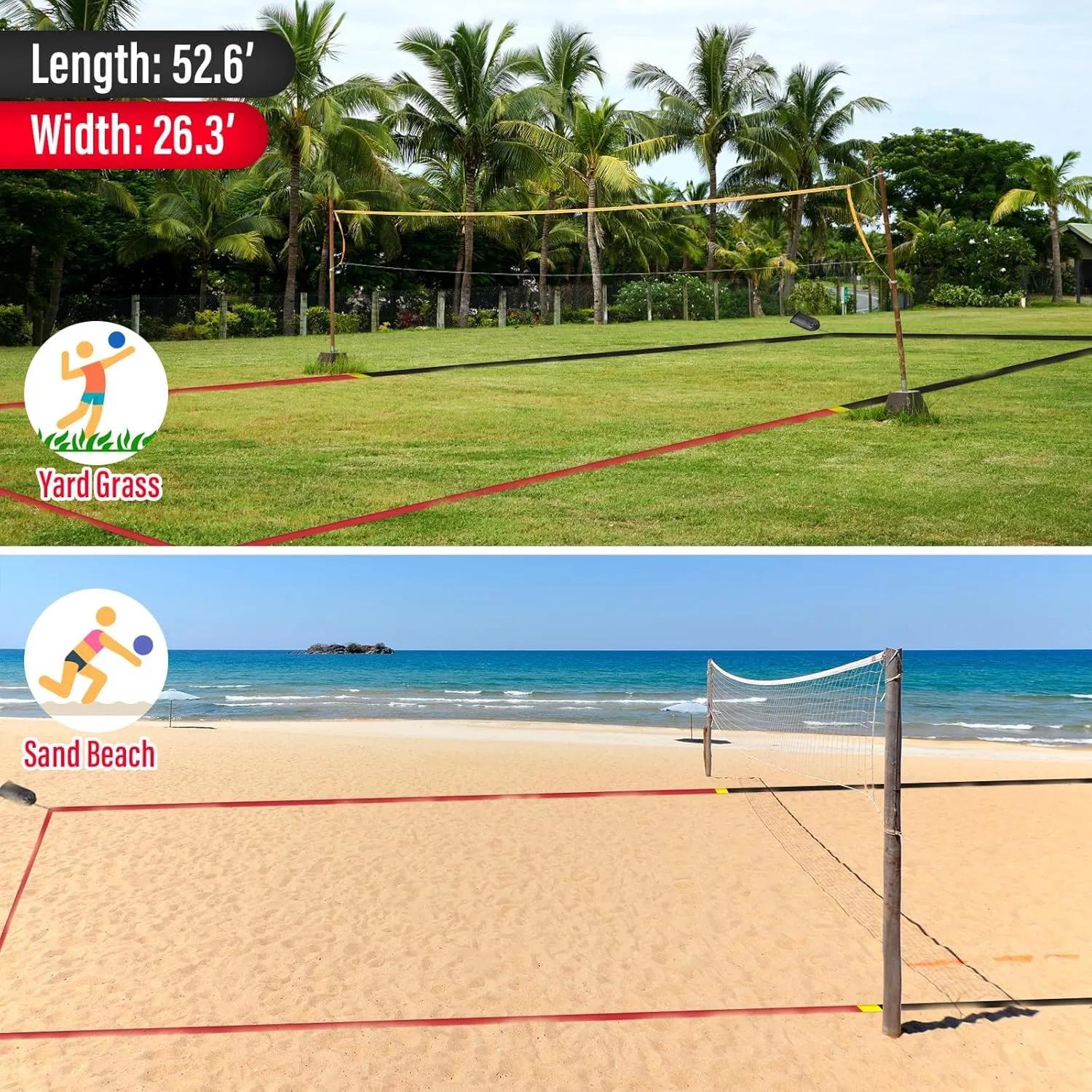 Professional Beach Volleyball Lines for Sand-2 Inch, Highly Visible, All-Weather, with Stainless Anchors & Sand Bags - Official Court 30' X 60'|Short Court 26.3' X 52.6'