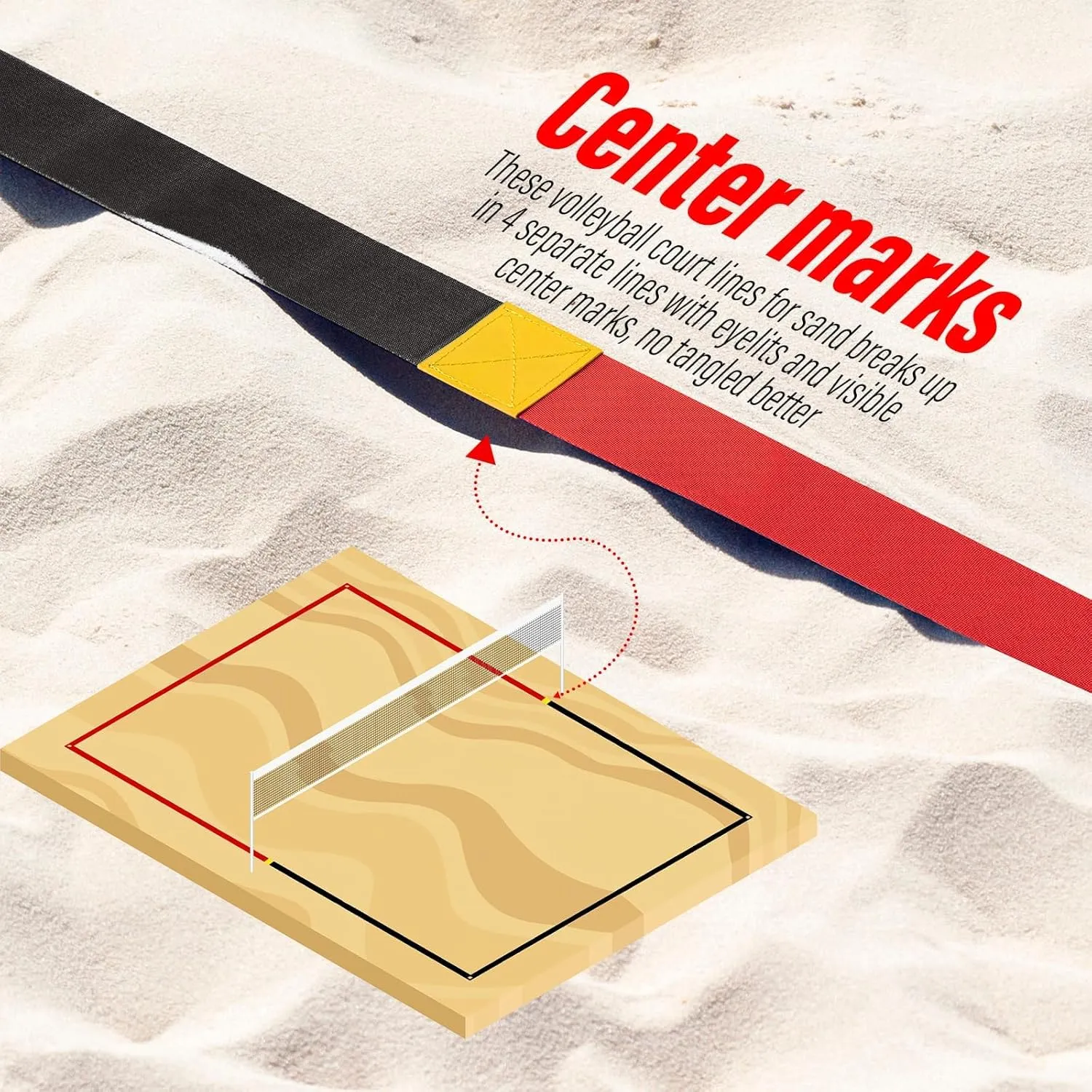 Professional Beach Volleyball Lines for Sand-2 Inch, Highly Visible, All-Weather, with Stainless Anchors & Sand Bags - Official Court 30' X 60'|Short Court 26.3' X 52.6'