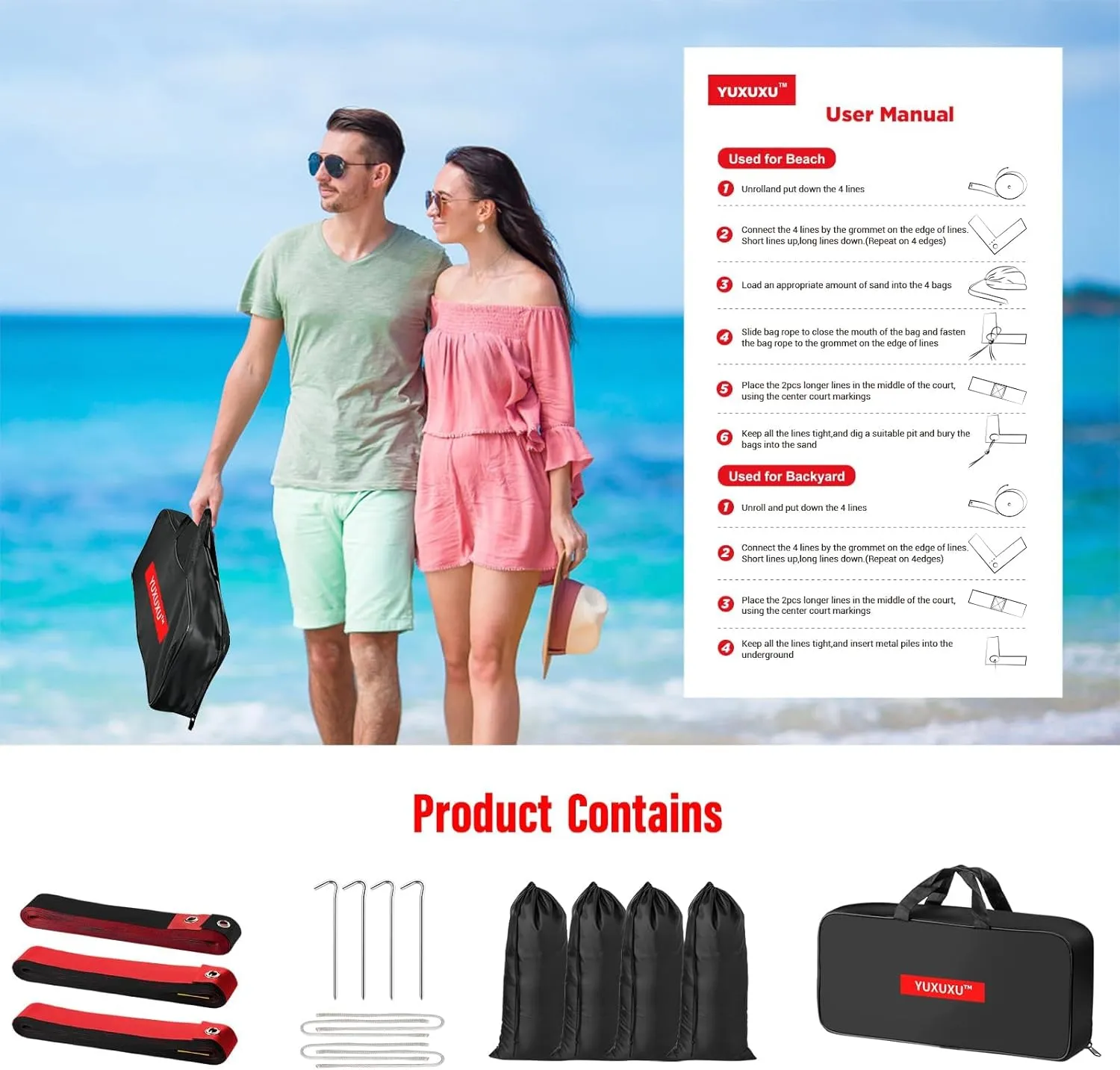 Professional Beach Volleyball Lines for Sand-2 Inch, Highly Visible, All-Weather, with Stainless Anchors & Sand Bags - Official Court 30' X 60'|Short Court 26.3' X 52.6'