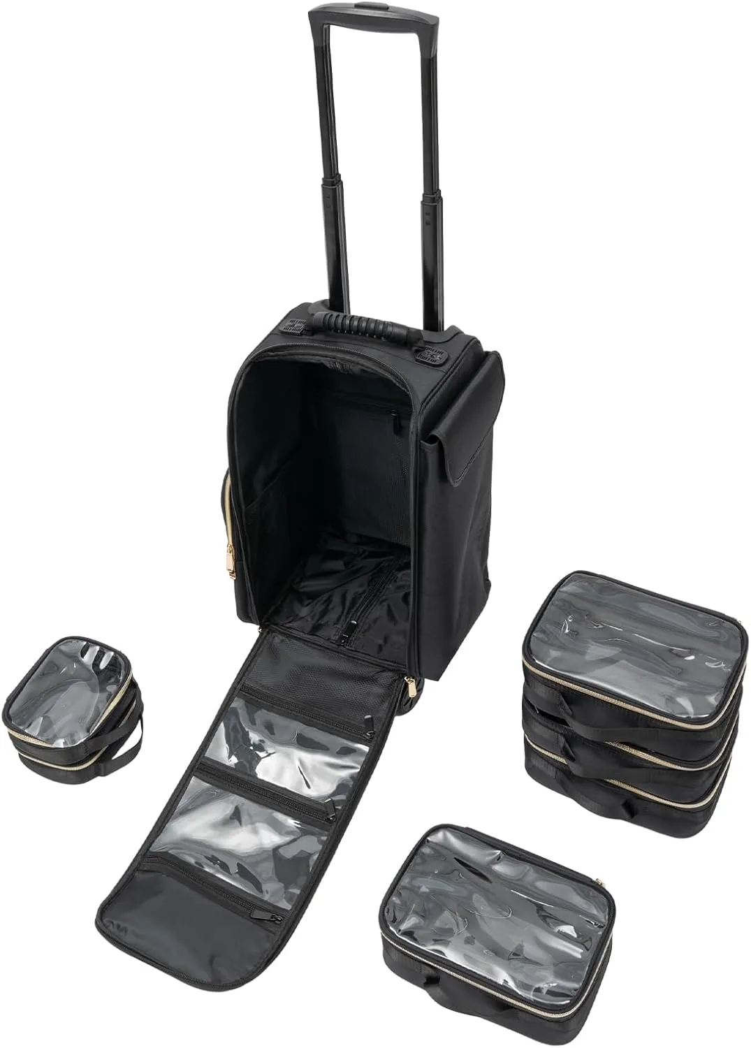 Professional Rolling Makeup Case, Soft Sided Make up Train Case, Travel Organizer Portable with Wheel for Makeup Artist Cosmetology Nail Technician Hair Stylist Supplies, Black