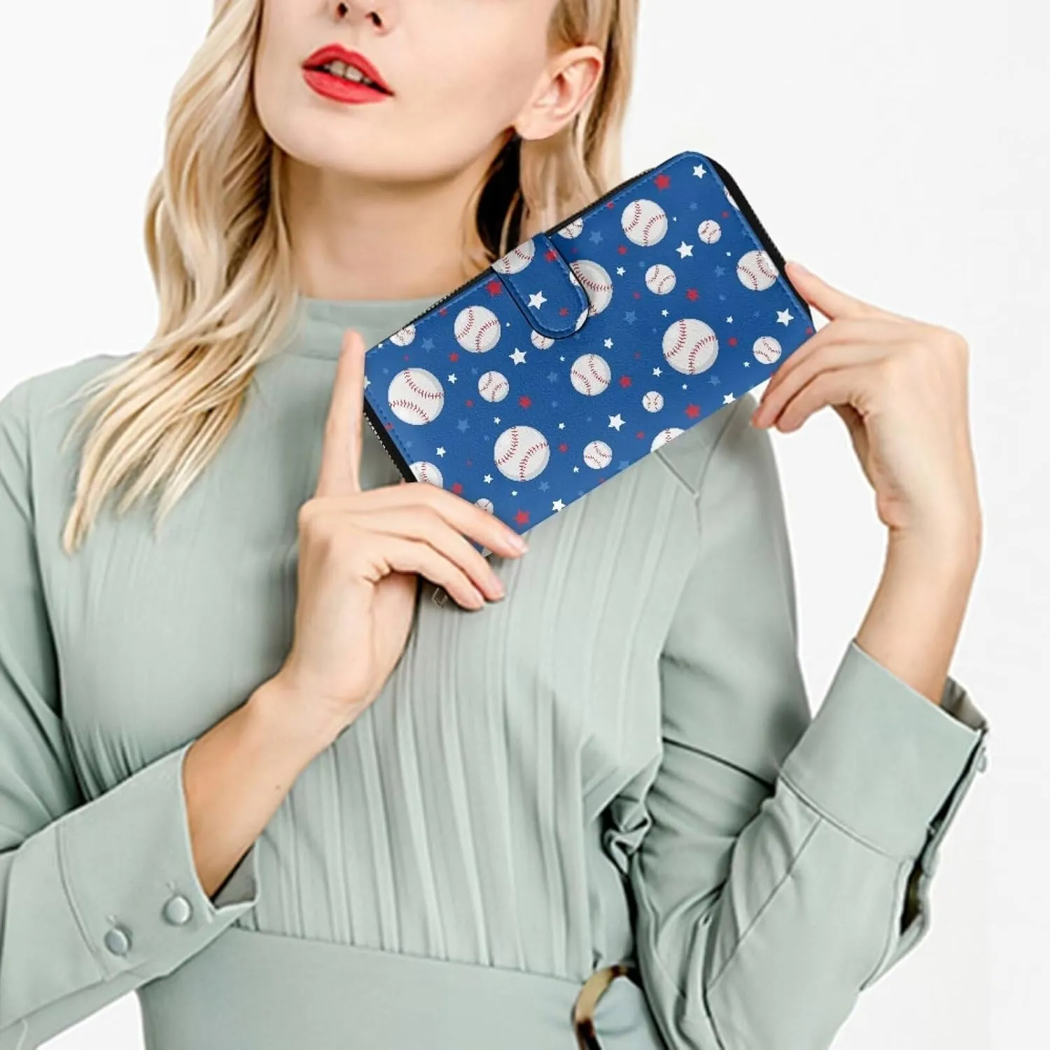 PU Leather Women Wallet RFID Blocking Credit Card Holder Baseball Designs Wallet Travel Large Trifold Wallet