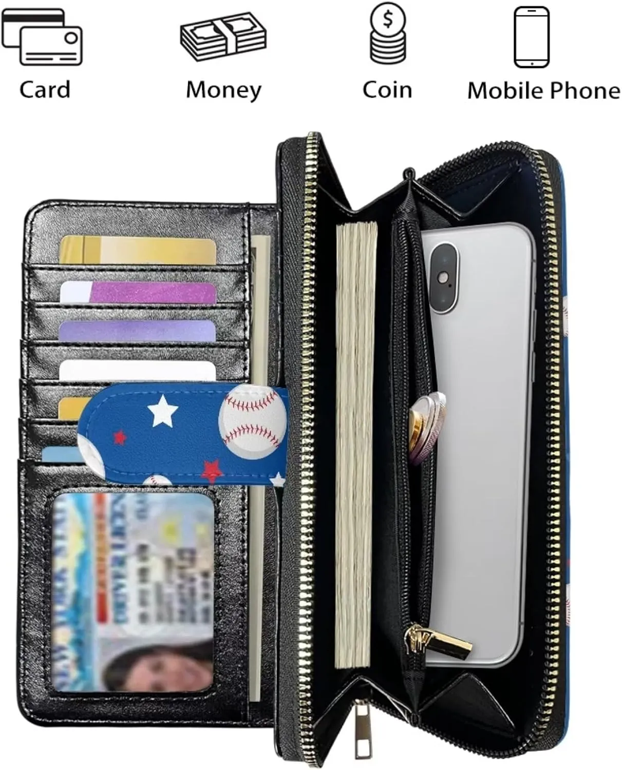 PU Leather Women Wallet RFID Blocking Credit Card Holder Baseball Designs Wallet Travel Large Trifold Wallet