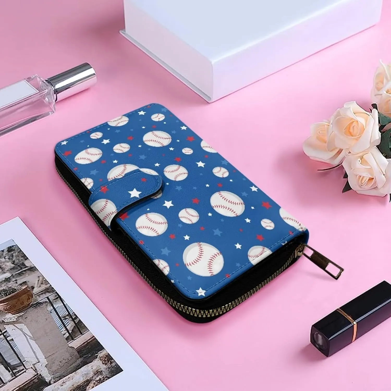 PU Leather Women Wallet RFID Blocking Credit Card Holder Baseball Designs Wallet Travel Large Trifold Wallet