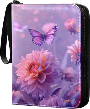Purple Butterflies Card Binder 4 Pocket Collectible Trading Card Albums with 50 Sleeves Double Side PU Waterproof 3 Ring for Sports & Game Cards