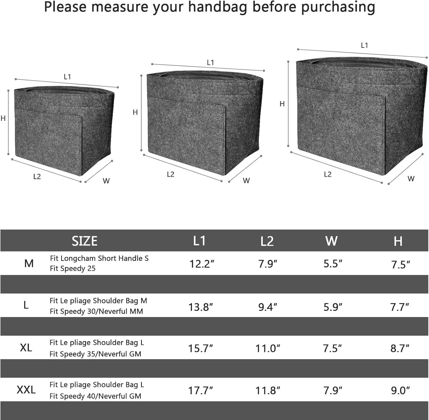 Purse Organizers Insert for Longchamp Le Pliage Purse Felt Bag Organizer with Zipper, Handbag Organizer Insert Liner Tote Inside Bag Shaper, Grey XL