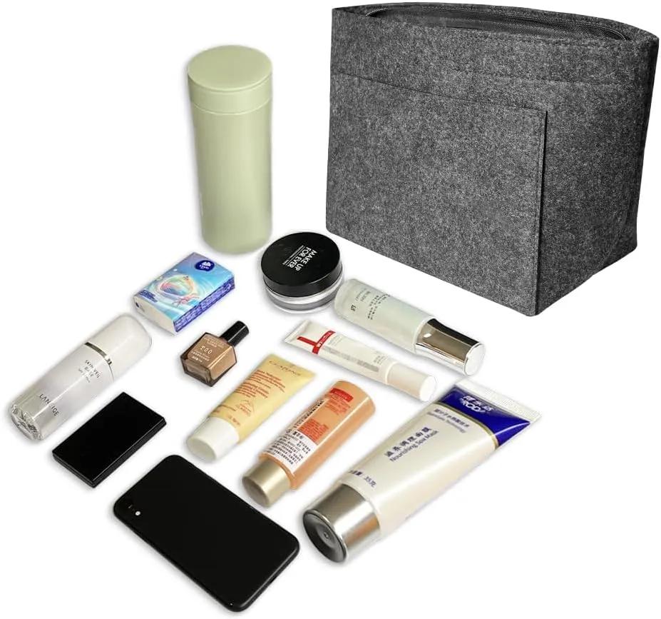 Purse Organizers Insert for Longchamp Le Pliage Purse Felt Bag Organizer with Zipper, Handbag Organizer Insert Liner Tote Inside Bag Shaper, Grey XL
