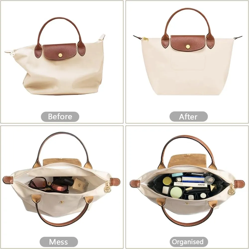 Purse Organizers Insert for Longchamp Le Pliage Purse Felt Bag Organizer with Zipper, Handbag Organizer Insert Liner Tote Inside Bag Shaper, Grey XL