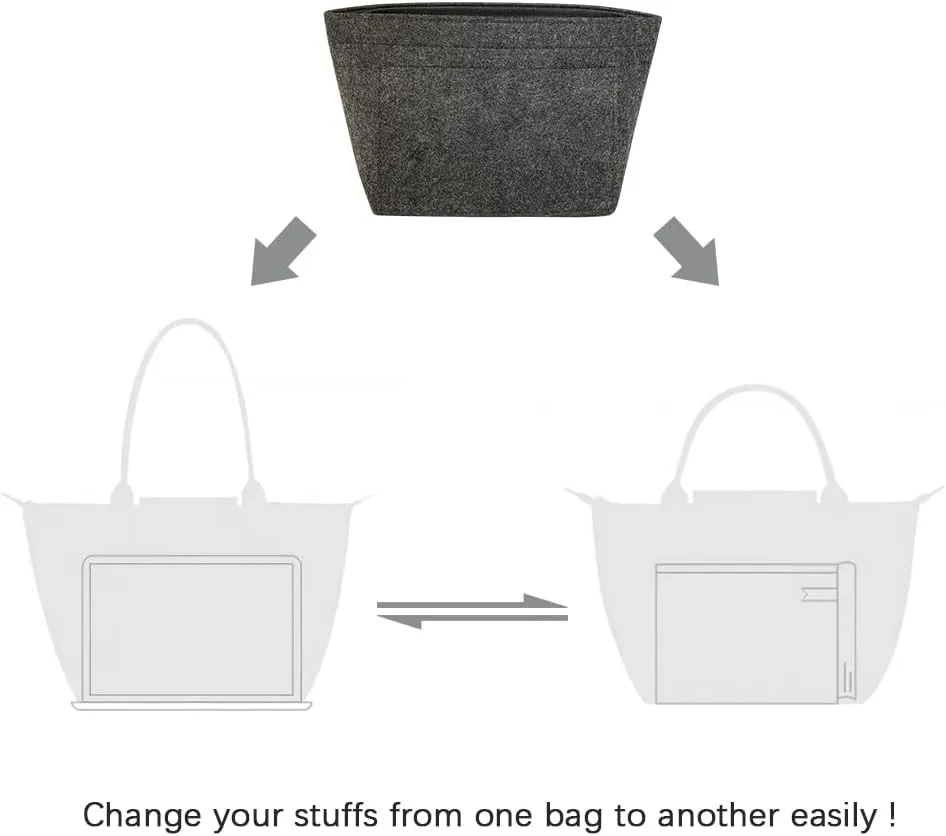 Purse Organizers Insert for Longchamp Le Pliage Purse Felt Bag Organizer with Zipper, Handbag Organizer Insert Liner Tote Inside Bag Shaper, Grey XL