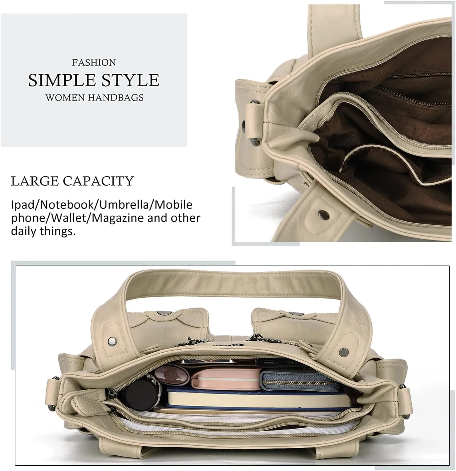 Purses and Handbags for Women Large Hobo Shoulder Bags Soft PU Leather Multi-Pocket Tote Bag