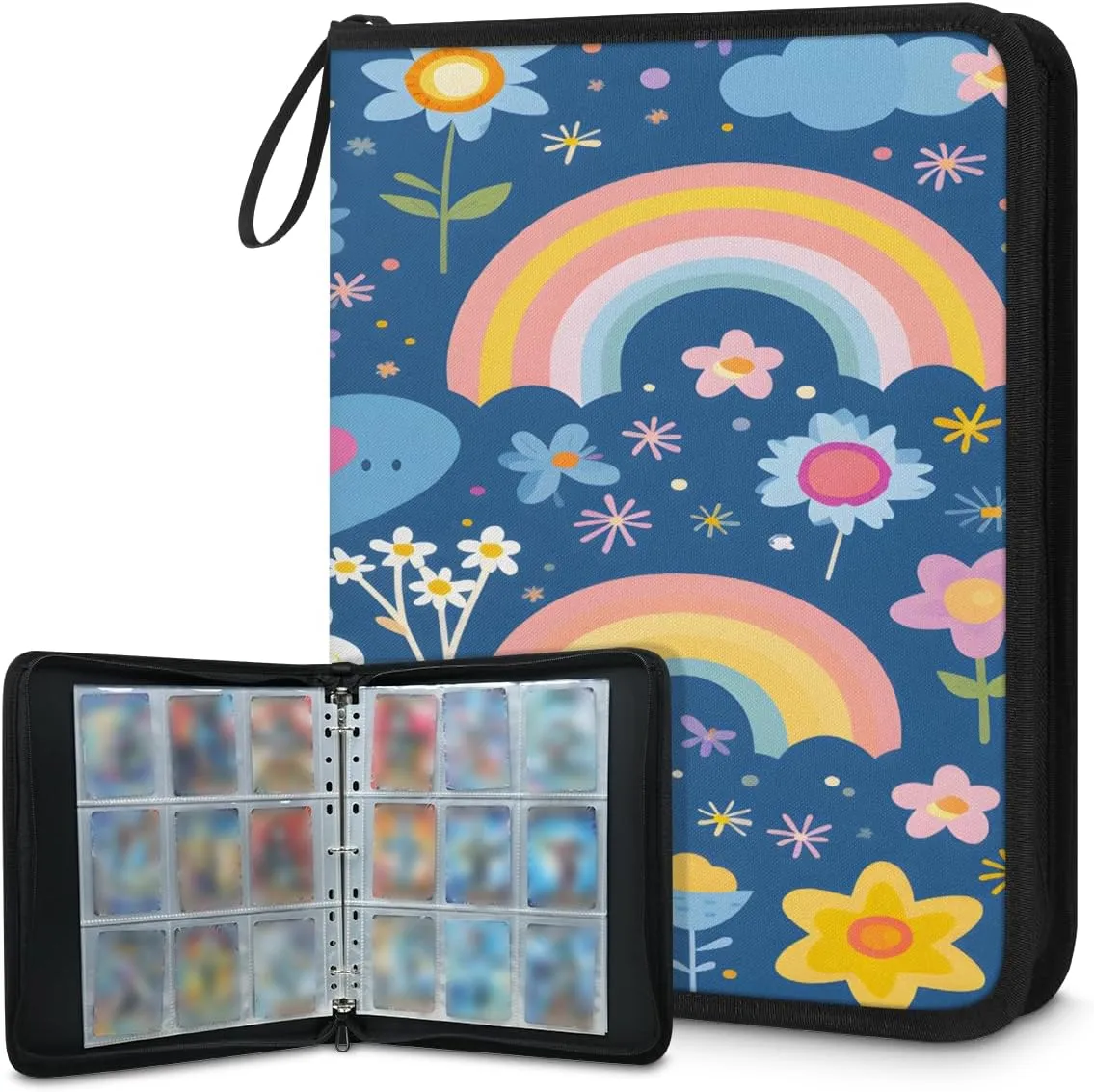 Rainbow Heart Flower 3 Ring Trading Zipper Binder Strap, Trading Card Binder 9 Pocket, 900 Pockets Card Holder with 50 Removable Sleeves for Game Cards