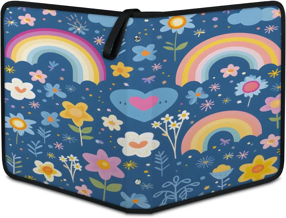Rainbow Heart Flower 3 Ring Trading Zipper Binder Strap, Trading Card Binder 9 Pocket, 900 Pockets Card Holder with 50 Removable Sleeves for Game Cards