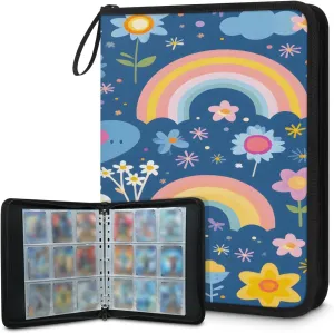 Rainbow Heart Flower 3 Ring Trading Zipper Binder Strap, Trading Card Binder 9 Pocket, 900 Pockets Card Holder with 50 Removable Sleeves for Game Cards