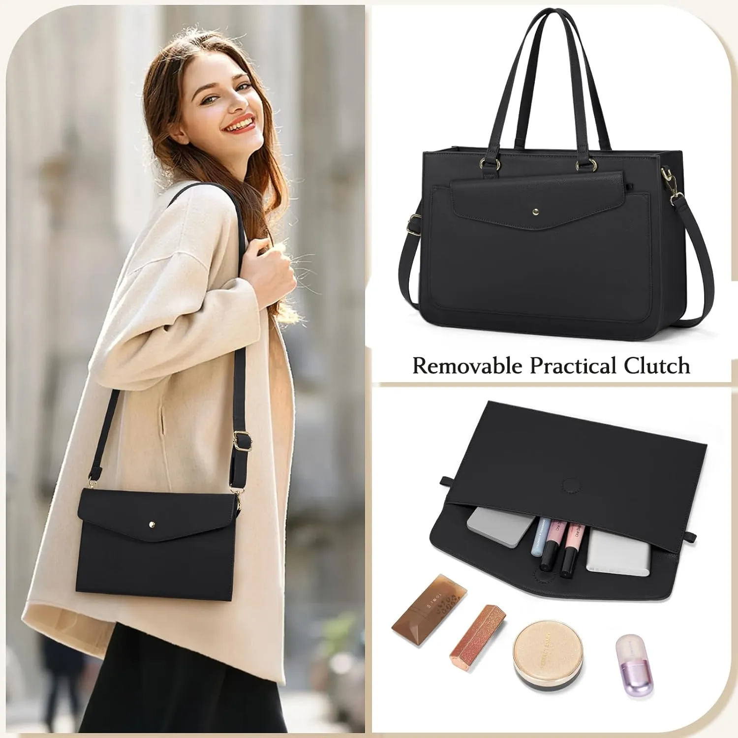 RAINSMORE Laptop Bag for Women 15.6 Inch Work Tote Bags Leather Laptop Tote Waterproof Computer Bag Professional Office Business Briefcase Large Handbag for College Teacher Travel, Black