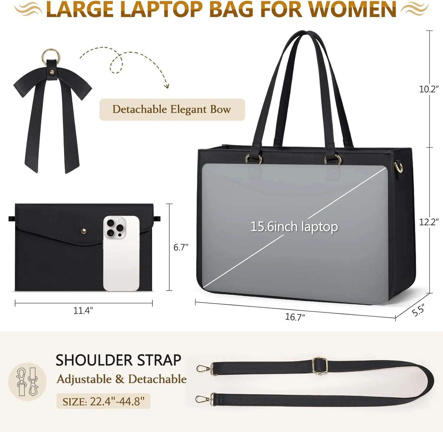 RAINSMORE Laptop Bag for Women 15.6 Inch Work Tote Bags Leather Laptop Tote Waterproof Computer Bag Professional Office Business Briefcase Large Handbag for College Teacher Travel, Black