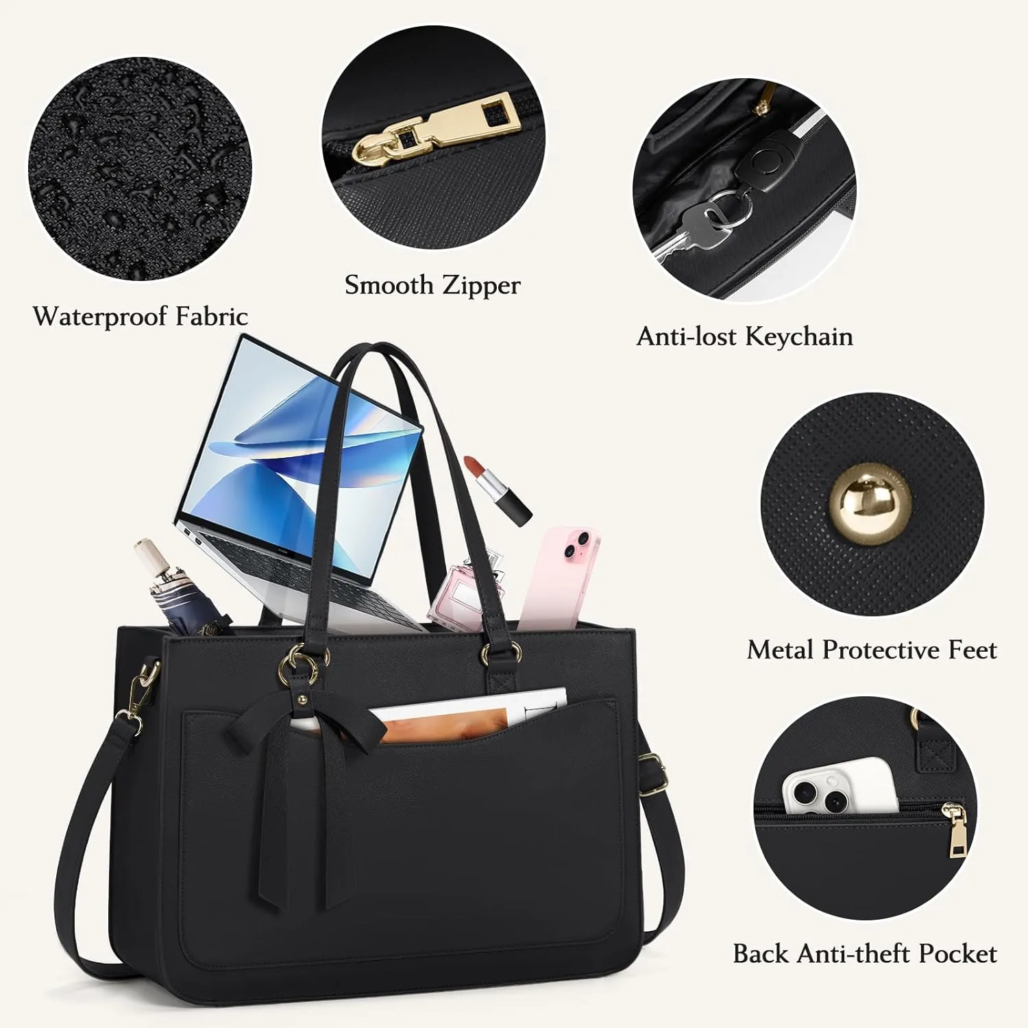 RAINSMORE Laptop Bag for Women 15.6 Inch Work Tote Bags Leather Laptop Tote Waterproof Computer Bag Professional Office Business Briefcase Large Handbag for College Teacher Travel, Black