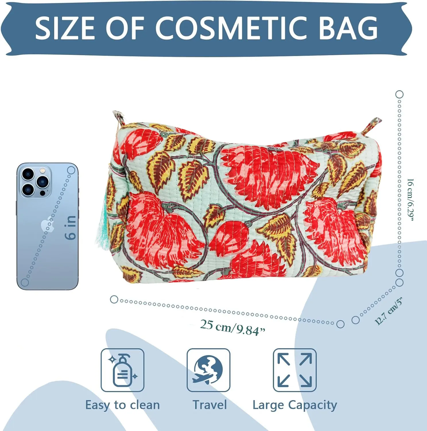Rastogi Handicrafts Cosmetic Bags Set, 3 Piece Make Up Organizer Bag Storage Bags with Zipper Closure (3, Sky Blue, Design-4)