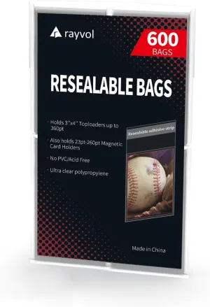 Rayvol 600 Resealable Team Bags, Sleeves Fit 3x4 Top Loader 360pt and 23-260pt Magnetic Card Holders (600pcs)