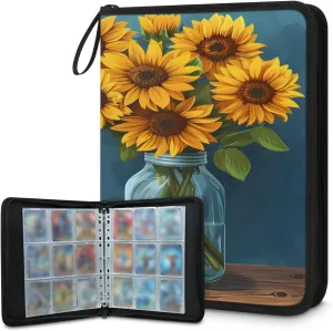 Realistic Sunflowers 3 Ring Trading Zipper Binder Strap, Trading Card Binder 9 Pocket, 900 Pockets Card Holder with 50 Removable Sleeves for Game Cards