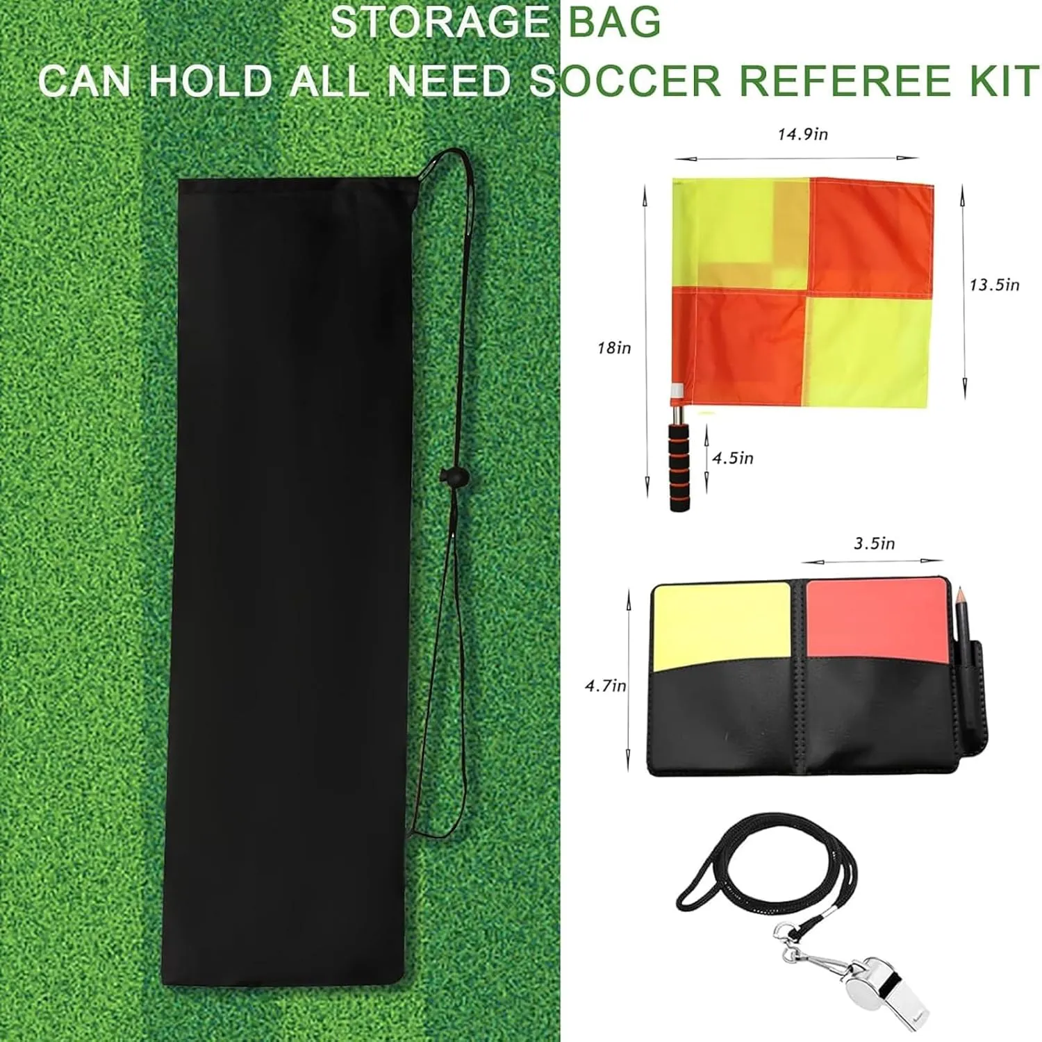 redgino Soccer Referee Kit Pro Soccer Referee Shirt Jersey,Ref Costume Shorts,Coach Whistle,Referee Socks, Linesman Flags and Cards Umpire Uniform Sport Accessory for Adult Teenager