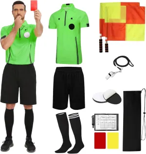 redgino Soccer Referee Kit Pro Soccer Referee Shirt Jersey,Ref Costume Shorts,Coach Whistle,Referee Socks, Linesman Flags and Cards Umpire Uniform Sport Accessory for Adult Teenager