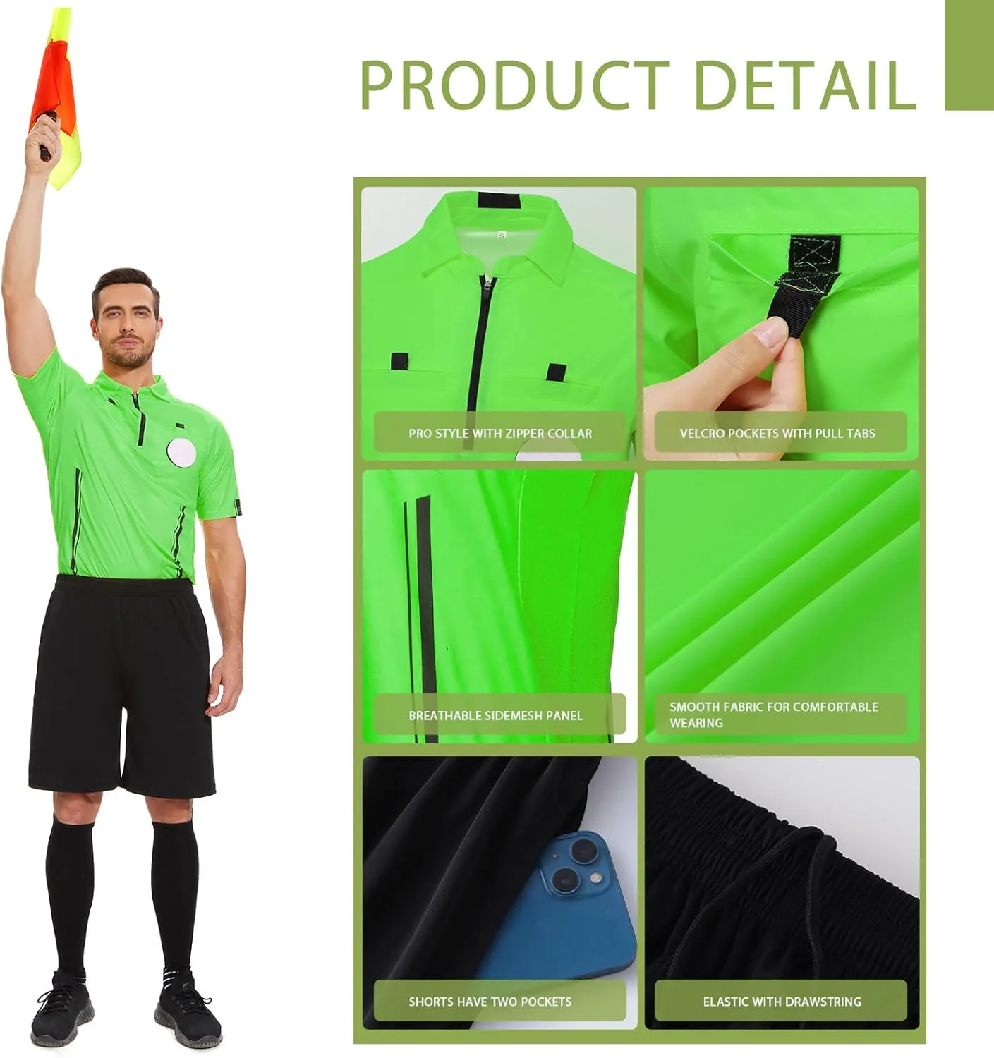 redgino Soccer Referee Kit Pro Soccer Referee Shirt Jersey,Ref Costume Shorts,Coach Whistle,Referee Socks, Linesman Flags and Cards Umpire Uniform Sport Accessory for Adult Teenager