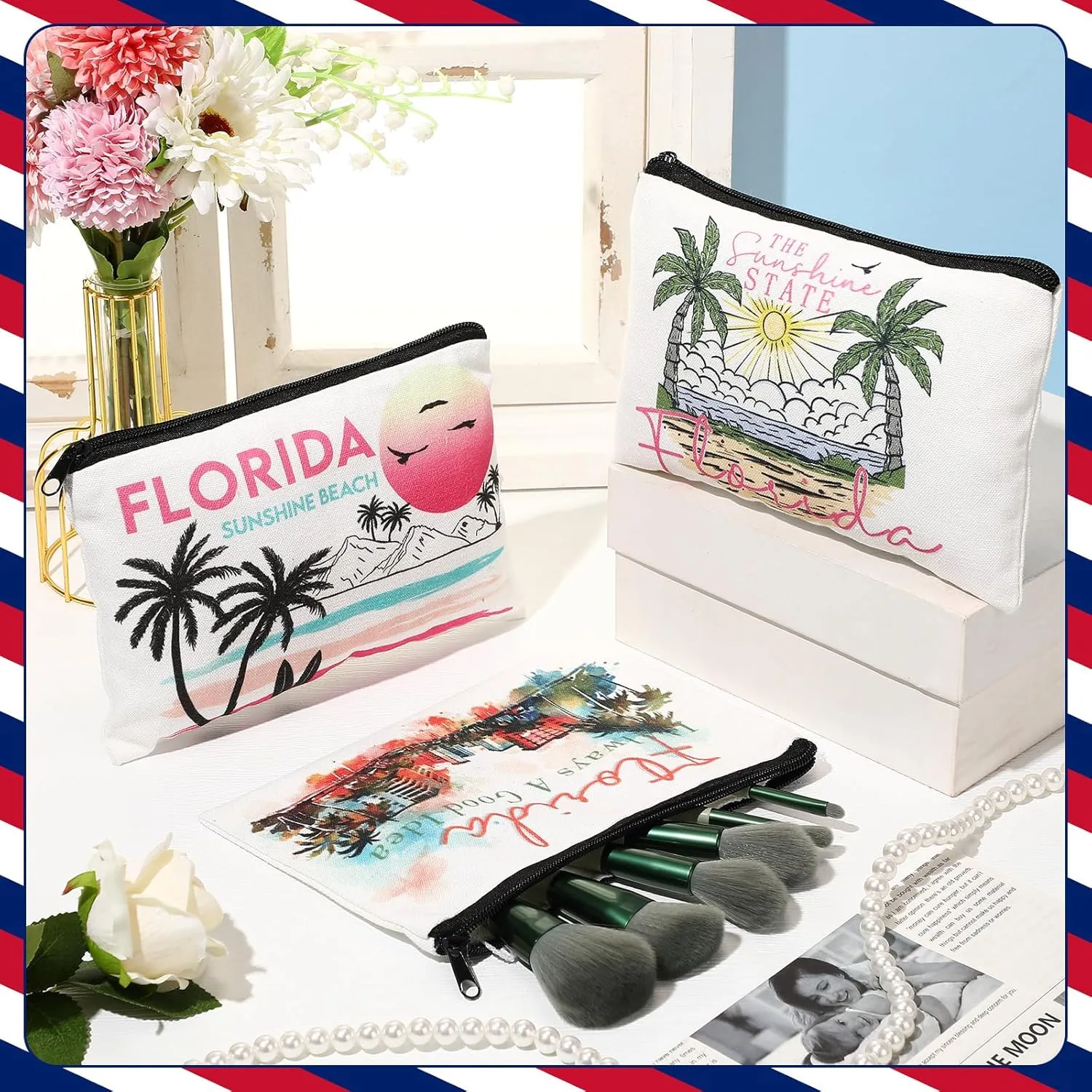 Reginary 6 Pcs City Souvenirs Gifts New York Italy Chicago Seattle Los Angeles Florida Souvenir Tote Bag Cosmetic Bag Women (Florida)