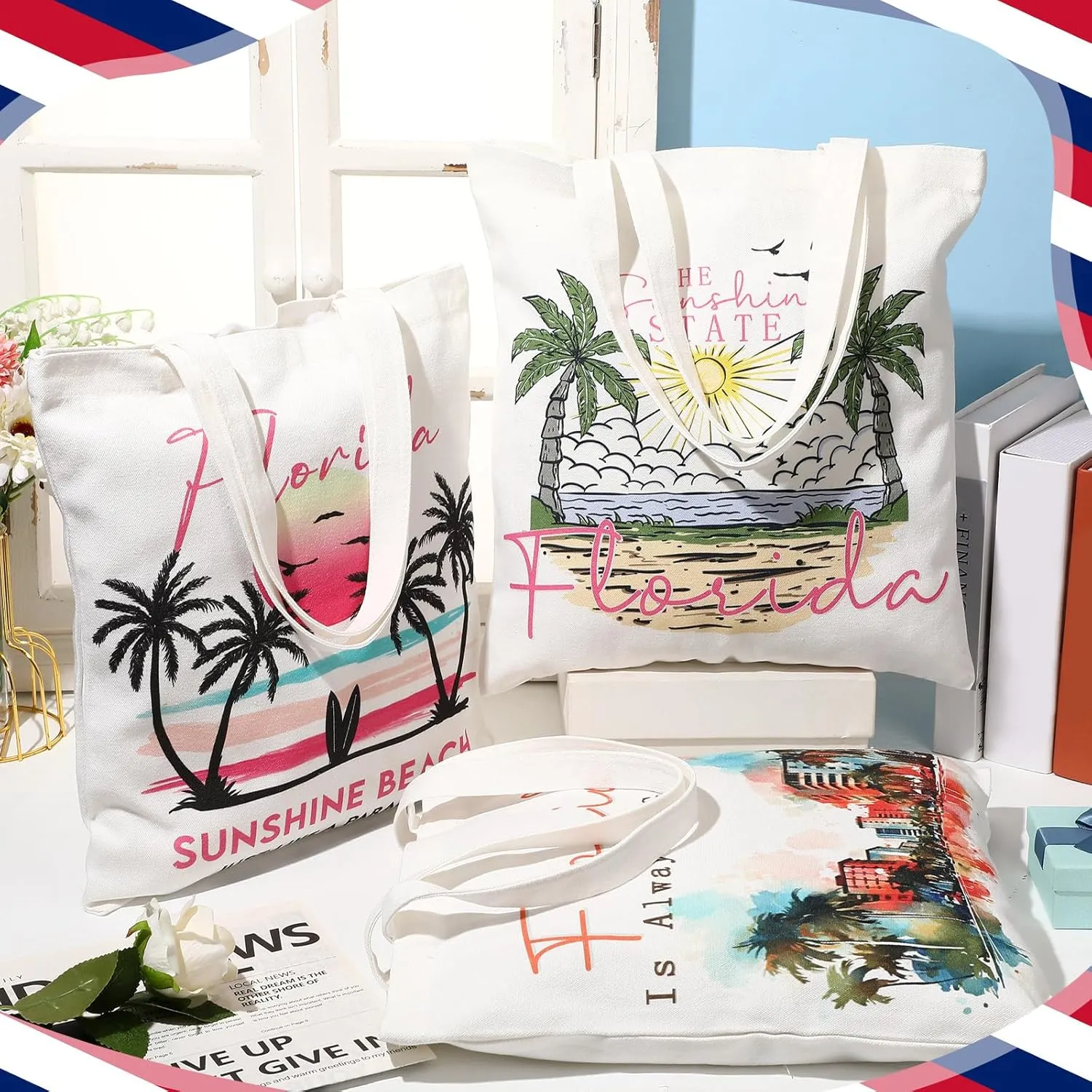 Reginary 6 Pcs City Souvenirs Gifts New York Italy Chicago Seattle Los Angeles Florida Souvenir Tote Bag Cosmetic Bag Women (Florida)