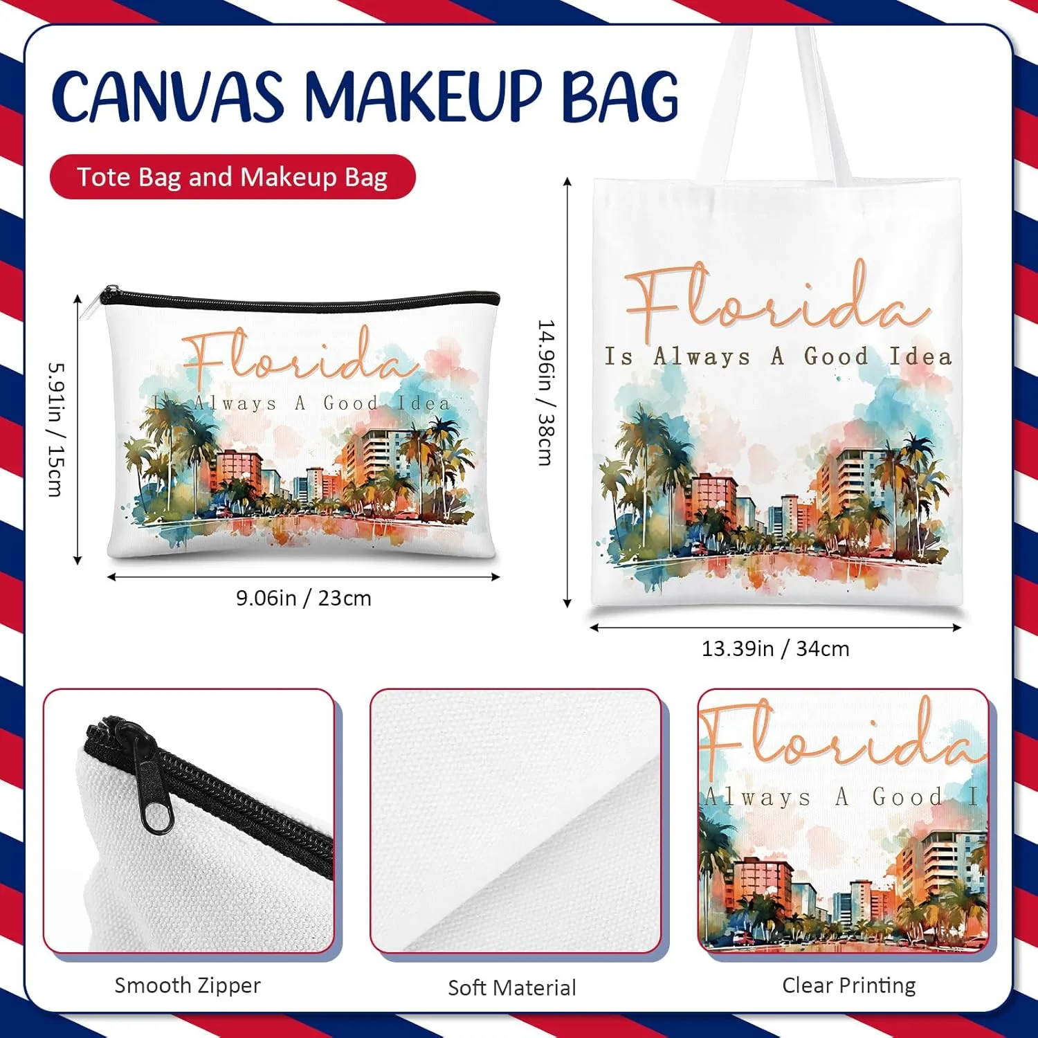 Reginary 6 Pcs City Souvenirs Gifts New York Italy Chicago Seattle Los Angeles Florida Souvenir Tote Bag Cosmetic Bag Women (Florida)
