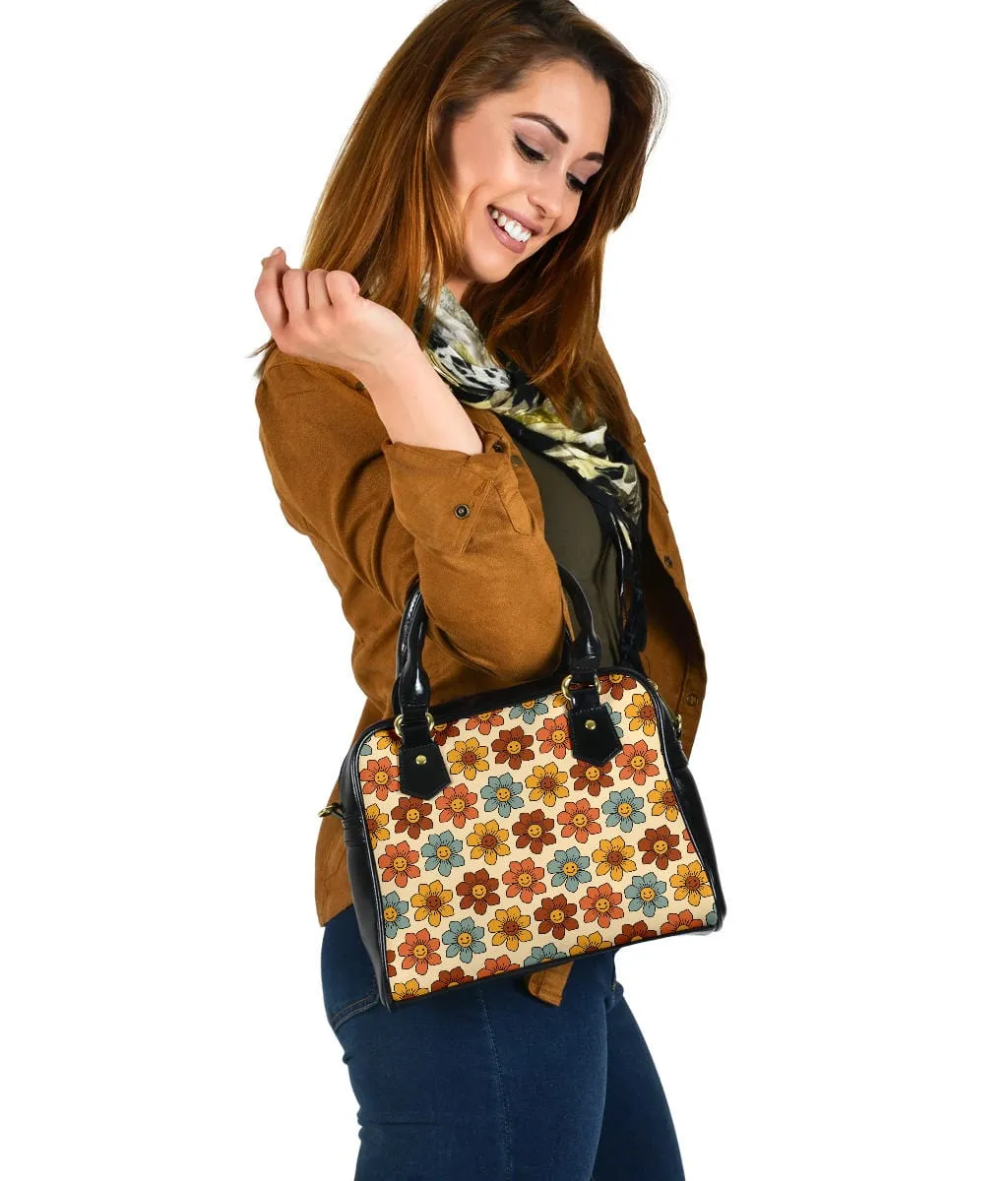Retro 1970s Smiling Flowers | Leather Shoulder Bag